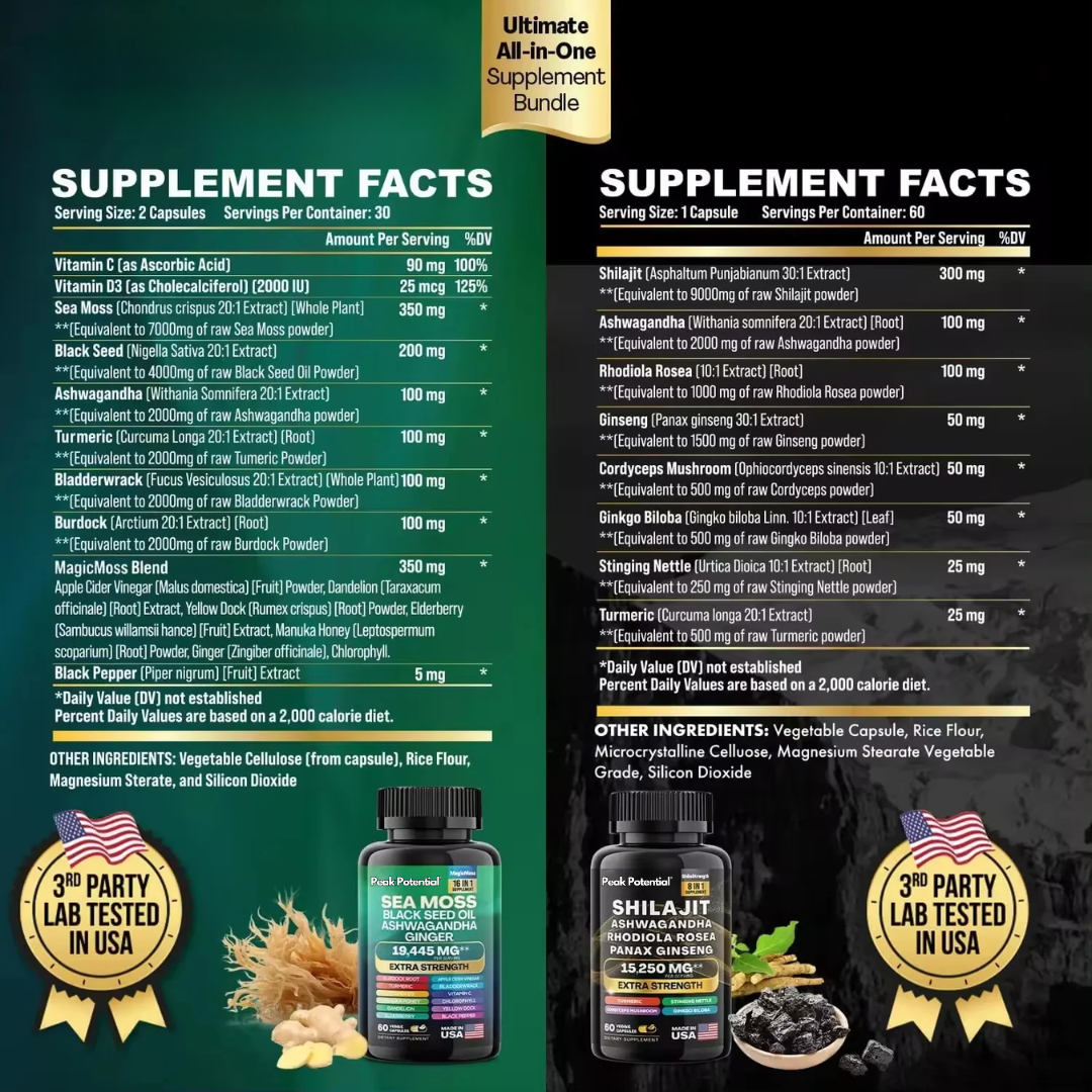 Sea Moss and Shilajit supplement labels
