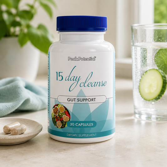 15 Day Cleanse bottle on a kitchen counter in daylight