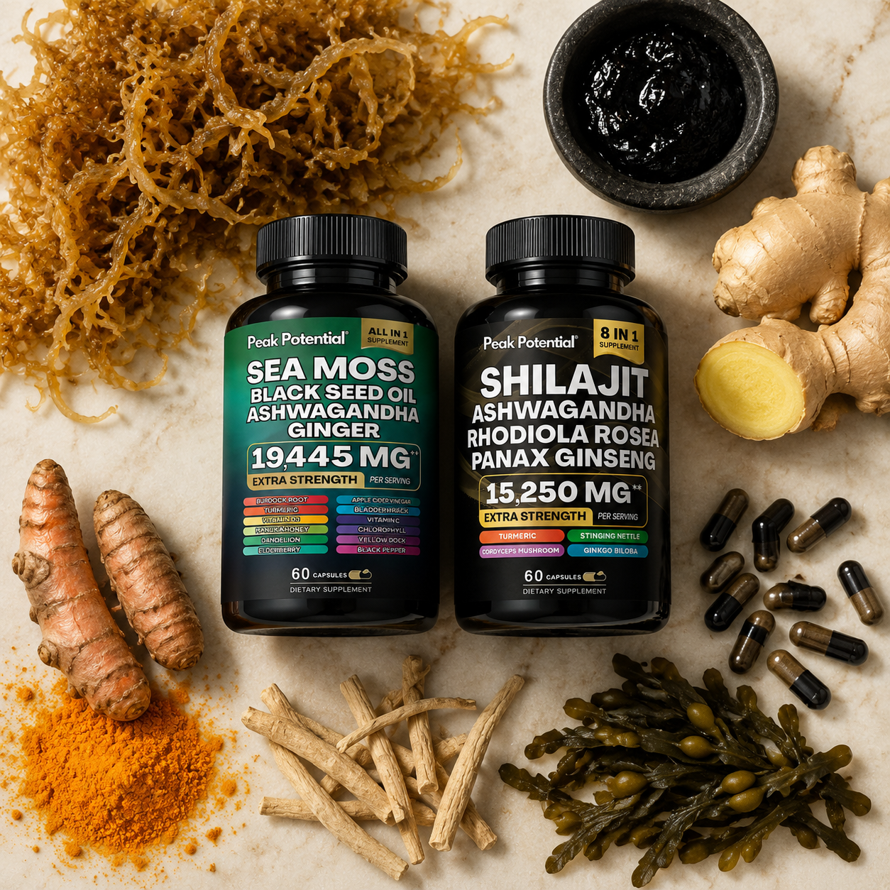 Sea moss and shilajit ingredient flatlay on emerald stone