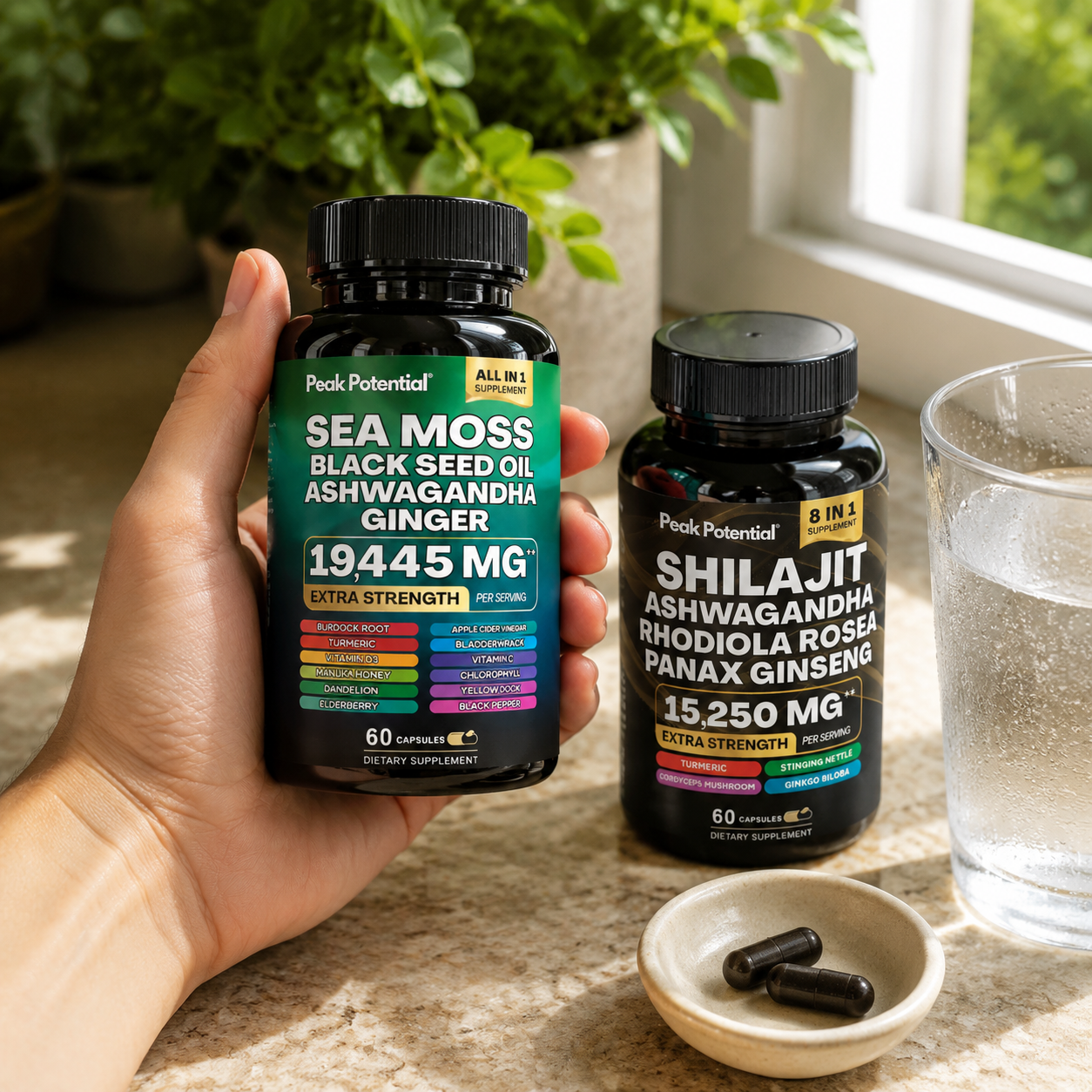 Sea Moss and Shilajit capsules taken with morning water