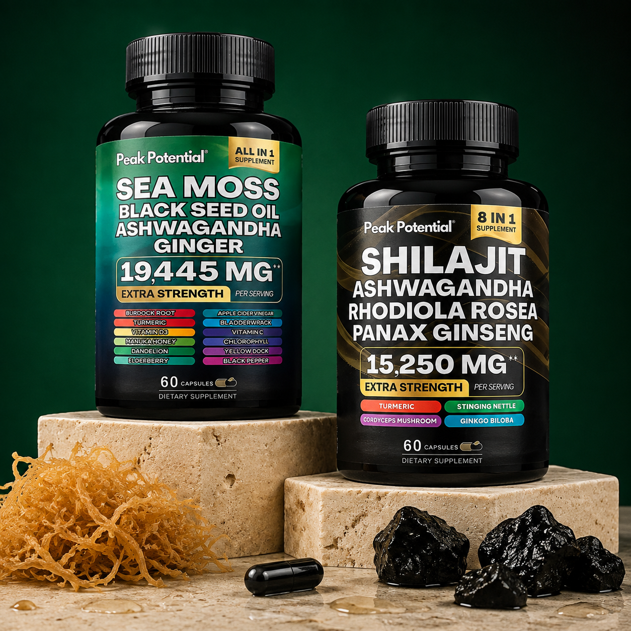 Peak Potential Sea Moss and Shilajit bottles on emerald stone